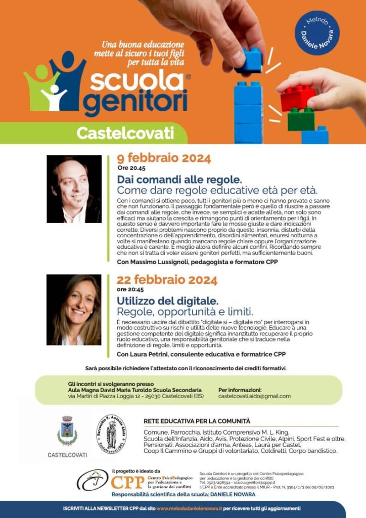 Locandina della Scuola Genitori di Castelcovati (BS) 2024 con Massimo Lussignoli e Laura Petrini