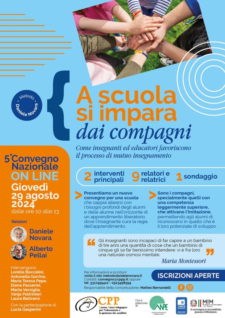 Locandina Convegno online CPP "A scuola di impara dai compagni" Agosto 2024 patrocinato da ANPE