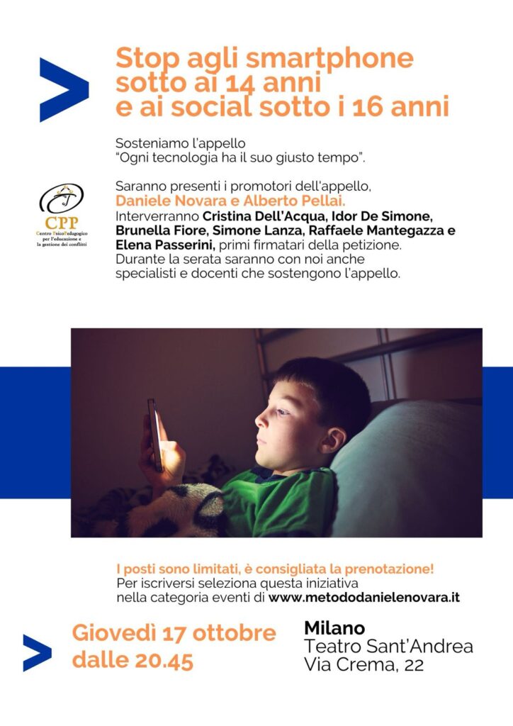 17 ottobre 2024 Milano con Daniele Novara e Alberto Pellai per sostenere la petizione contro l'utilizzo degli smartphone sotto i 14 anni